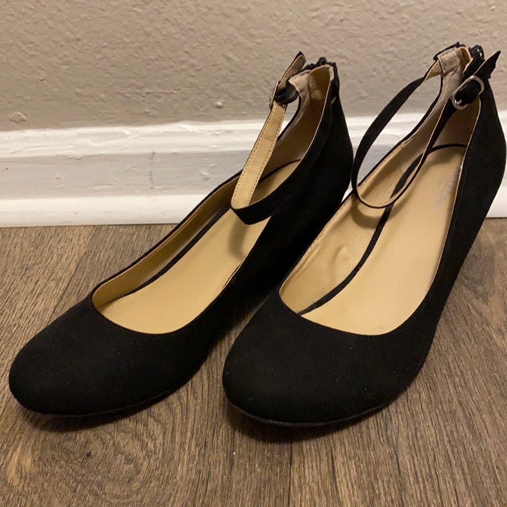 Black Suede Ankle-belt Wedges